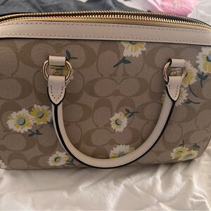 Coach Beige Floral Signature Small Satchel with White Trim